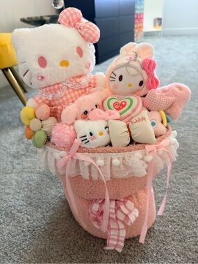 Hello Kitty Pink Plush Gift Set Basket bouquet with Hearts & Flowers